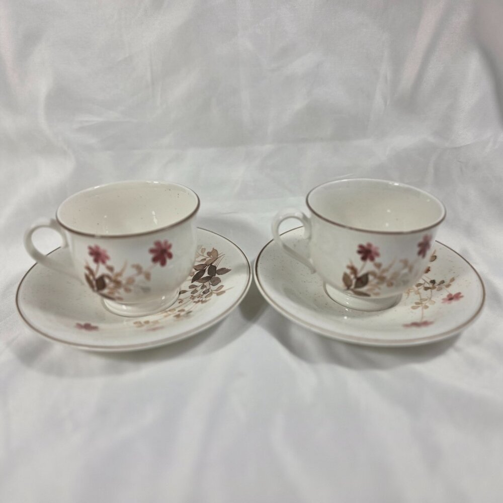 TWO Noritake Versatone Outlook Cup and Saucer Sets Pink Flowers Brown Leaves